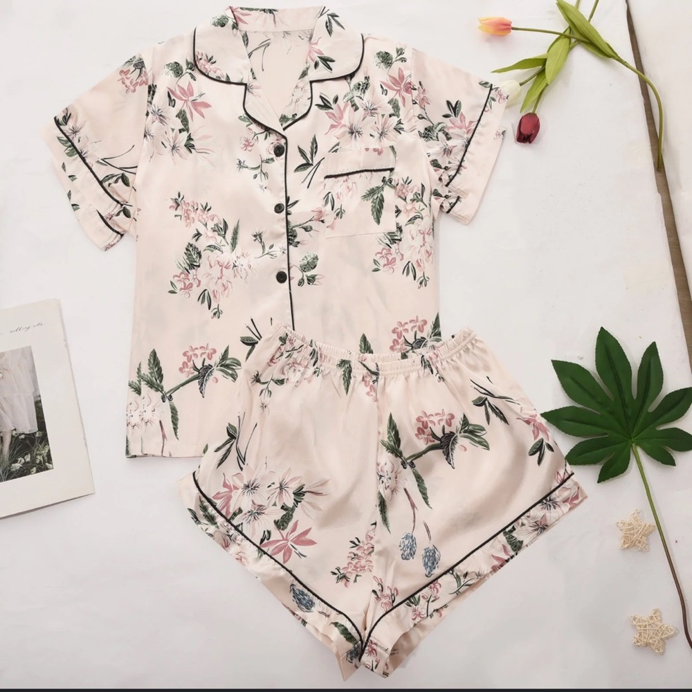 Light Pink Floral Women’s Pajama Set Button-down Collared Shirt and Short Set